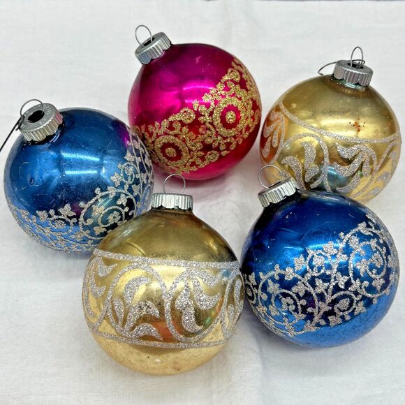 Shiny Brite Glass Christmas Ornaments Set of 5 Vintage Mica Stenciled MCM 1950s - Picture 1 of 11